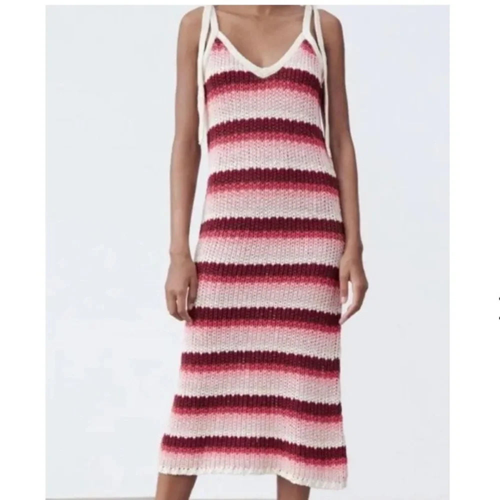 Zara Striped Knit Midi Dress in Cream, Pink, Burgundy